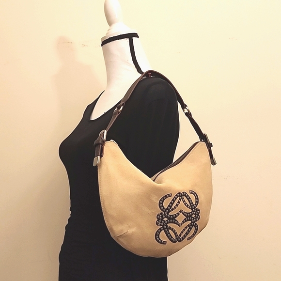 SOLD Rare! LOEWE Anagram Saddle Bag Shoulder Hand Bag Leather Suede Beige Brown - Picture 2 of 16